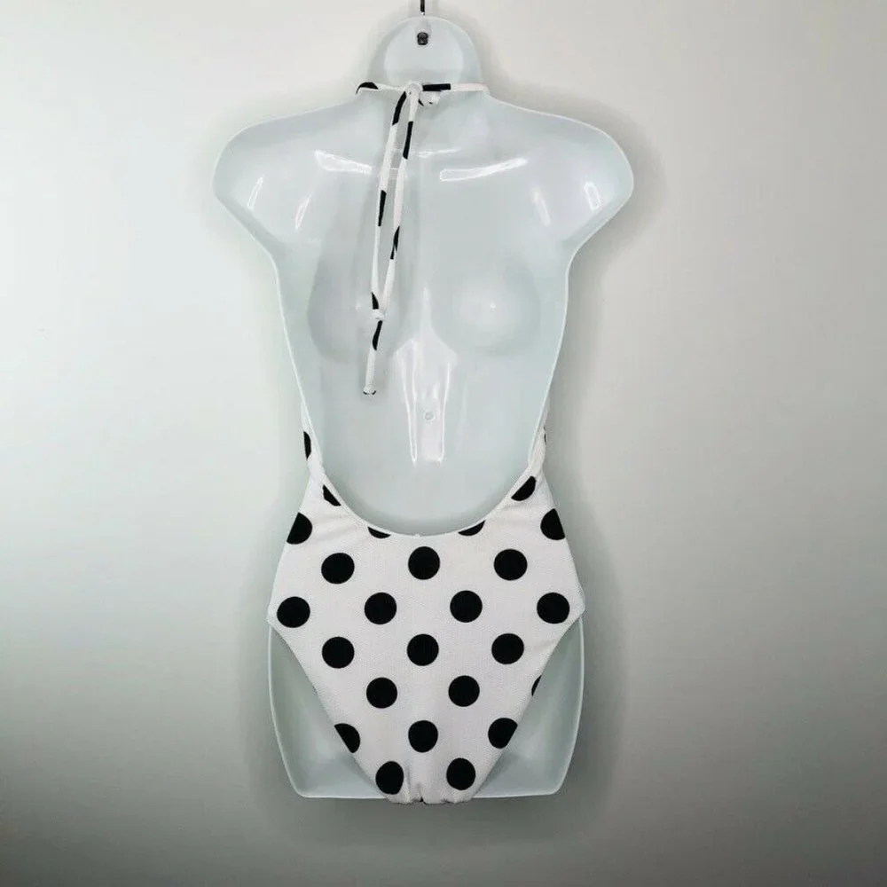Bar III $88 Beautiful white background & large Black polka Dot Plunging Swimsuit - Picture 2 of 3